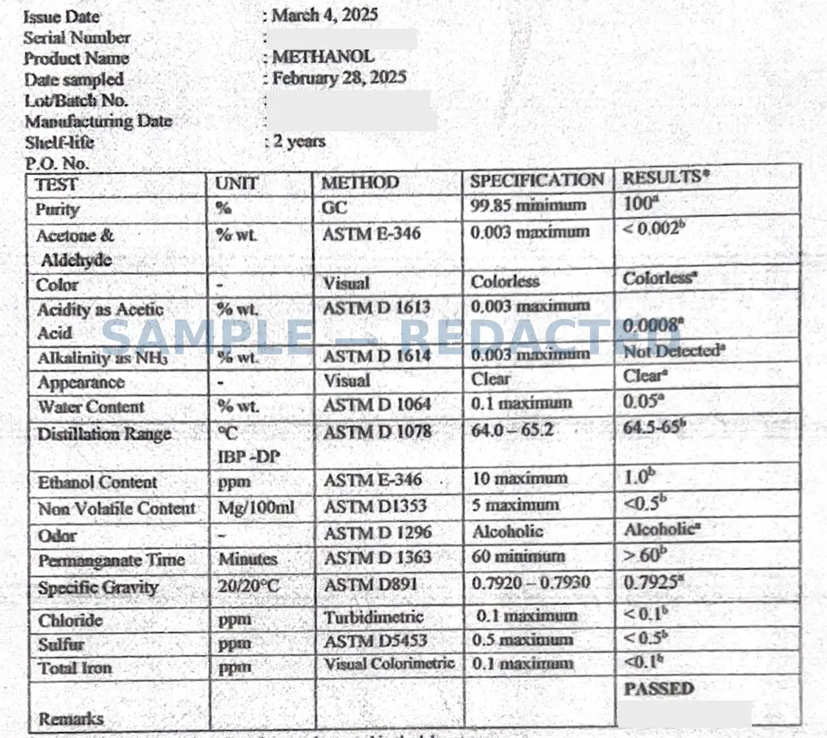 Sample Certificate of Analysis for methanol: test, unit, method, specification and result columns; lot and serial redacted